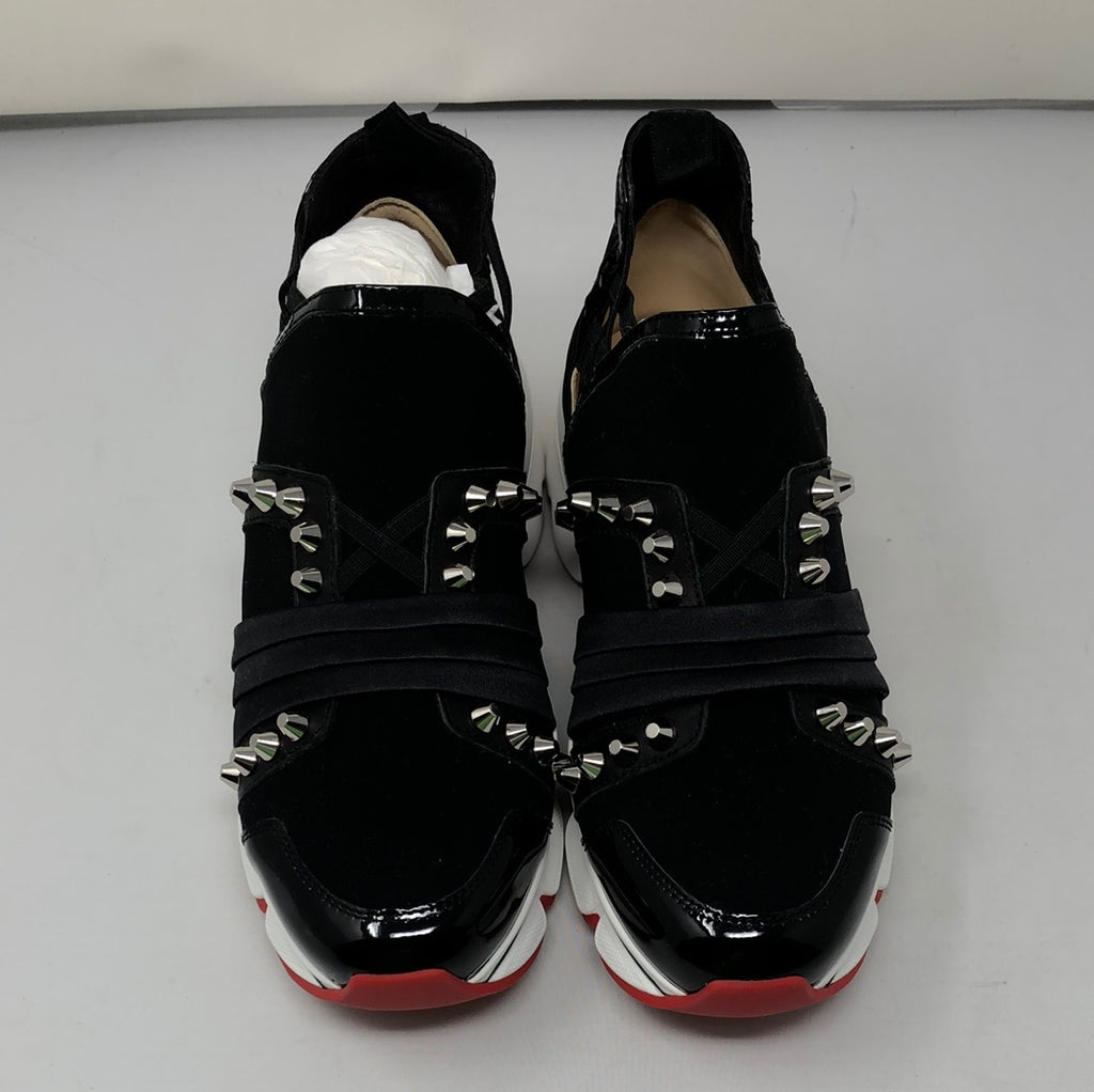 Christian Louboutin Black Scuba with Silver Stud and Red Bottom Slip On Sneaker