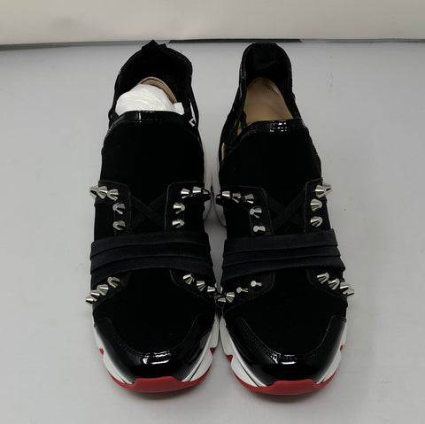 Christian Louboutin Black Scuba with Silver Stud and Red Bottom Slip On Sneaker