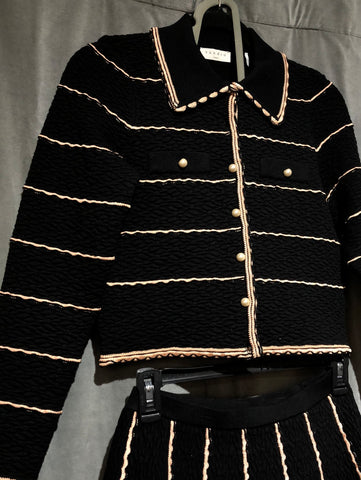 Sandro Two Peice Set Collared Black Knit Sweater and Flare mini Skirt