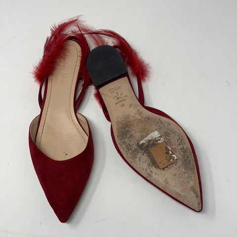 Christian Dior Ethnie Red Suede Pointed Toe Flat Slingback Feather