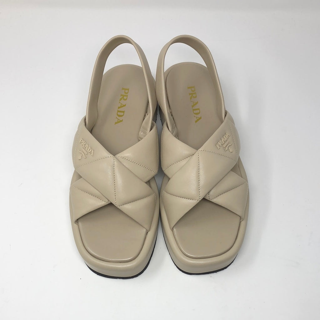 Prada Beige Leather Platform CrissCross Slingback Sandals