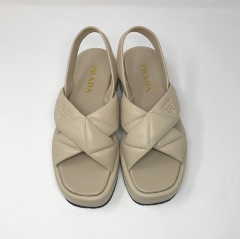 Prada Beige Leather Platform CrissCross Slingback Sandals
