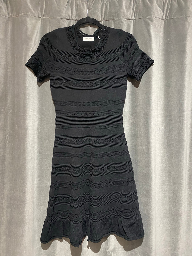 Sandro Black Short Sleeve Fit and Flare Stretch Knit Dress with Bottom Ruffle