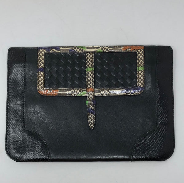 Bottega Veneta Black Leather Multicolor Python Trimmed Top Zip Clutch