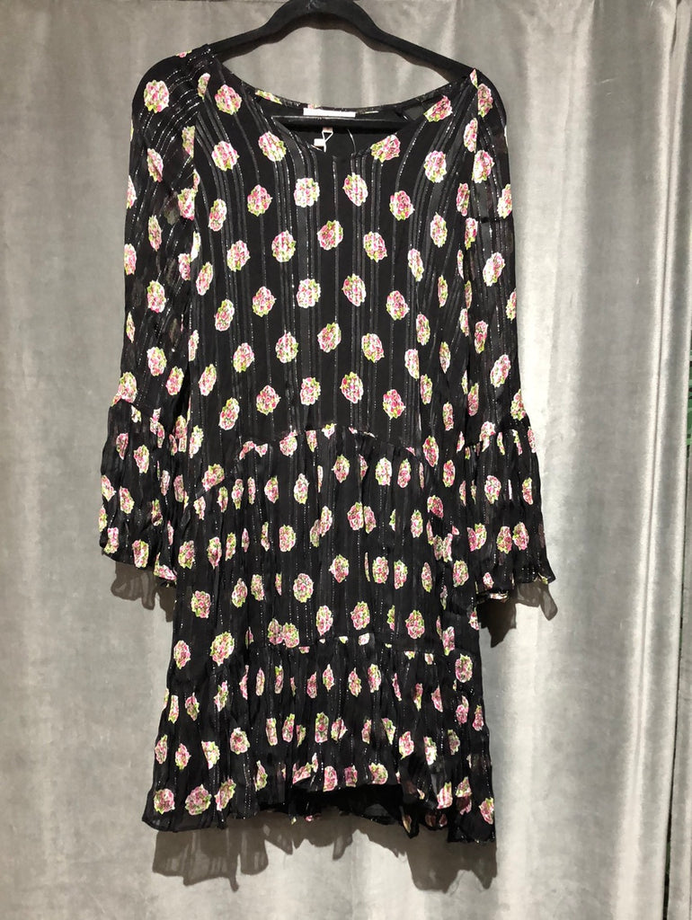 DERHY Black With Pink Fower Bell Sleeve MIni Dress