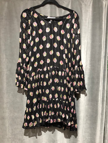 DERHY Black With Pink Fower Bell Sleeve MIni Dress