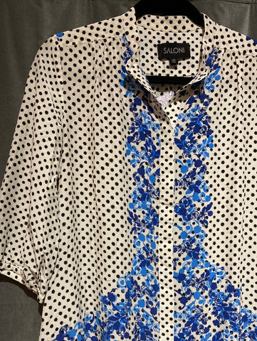 Saloni White Collarless Polka Dot with Blue Flower shirtdress