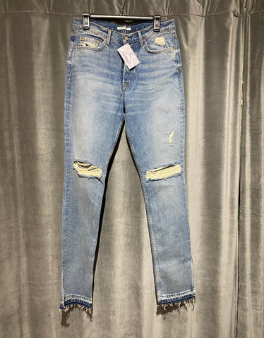 GRLFRND Natalia High Rise Lightwash Jeans with Rips and Slit Bottoms