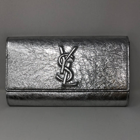 YSL Belle Du Jour Silver Large Metallic Stamped Logo Clutch