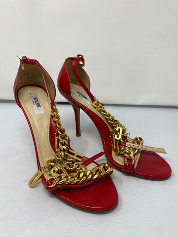 Moschino T-Strap Logo Chain Sandals Red leather