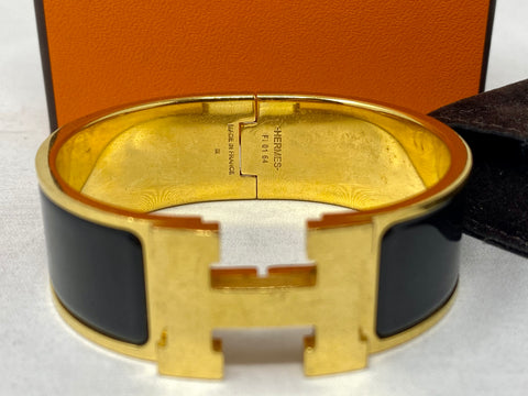 Hermes Clic Clack Black Bangle with Gold Hardware