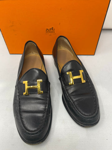 Hermes Black Classic Loafer with Gold H