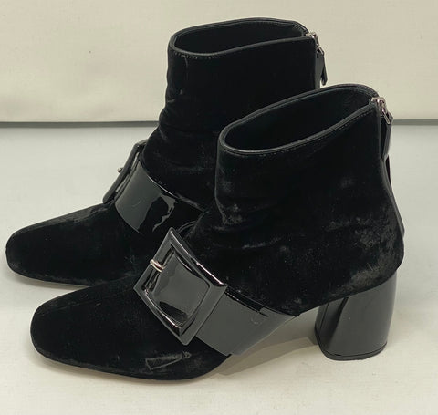 Miu Miu Black Velvet Bootie with Black Patent Leather Bow, Heel and Back Zipper