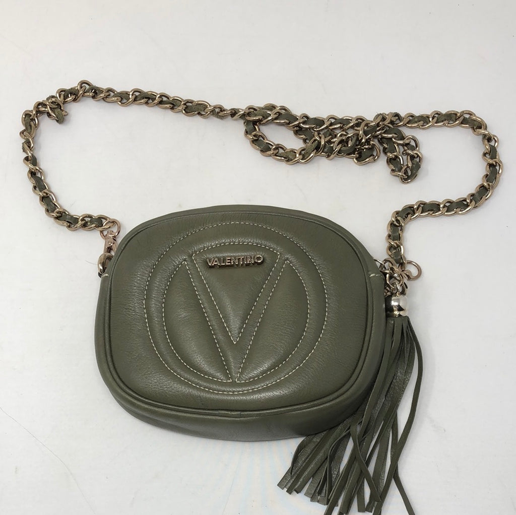 Valentino V army Green Leather fringe zip chain bag