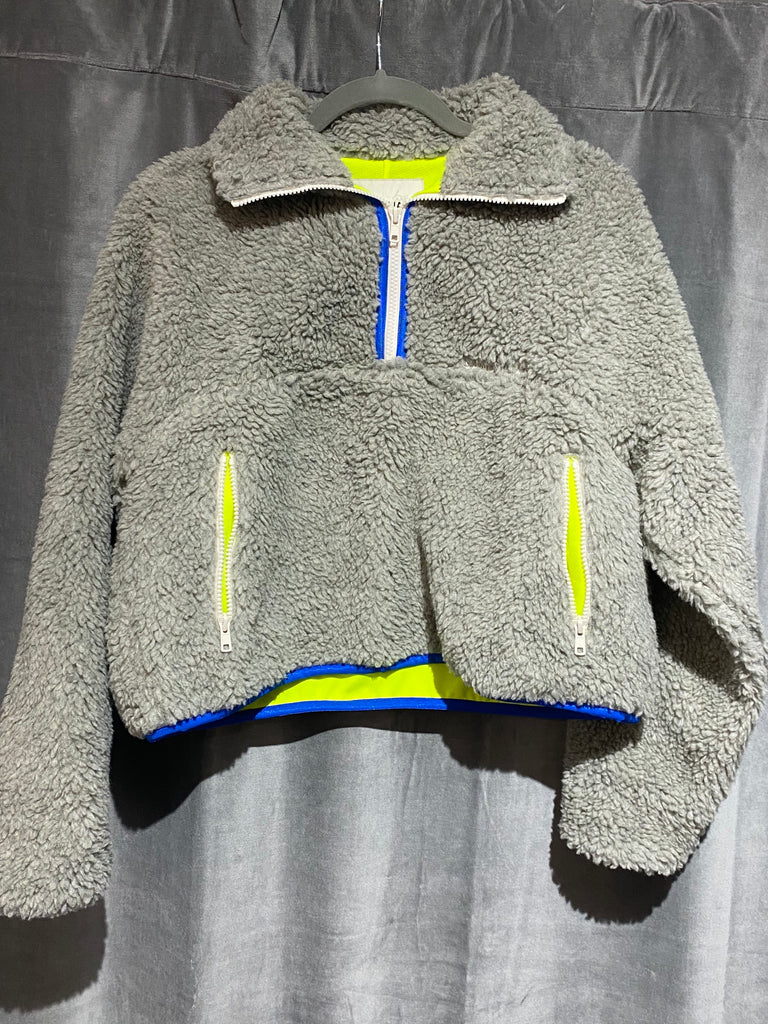 Sandy Liang Bean Pullover Grey with Neon Yellow interior and White Zipper