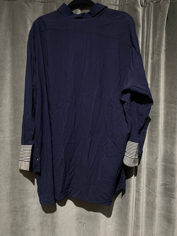 Acne Studios Navy Button Down Collared Top with Stretch and Striped Cuffs