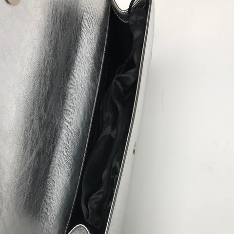 YSL Belle Du Jour Silver Large Metallic Stamped Logo Clutch