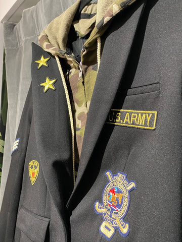Central Park West Black Blazer with Patches and Camp Hood and Zipper Attachment