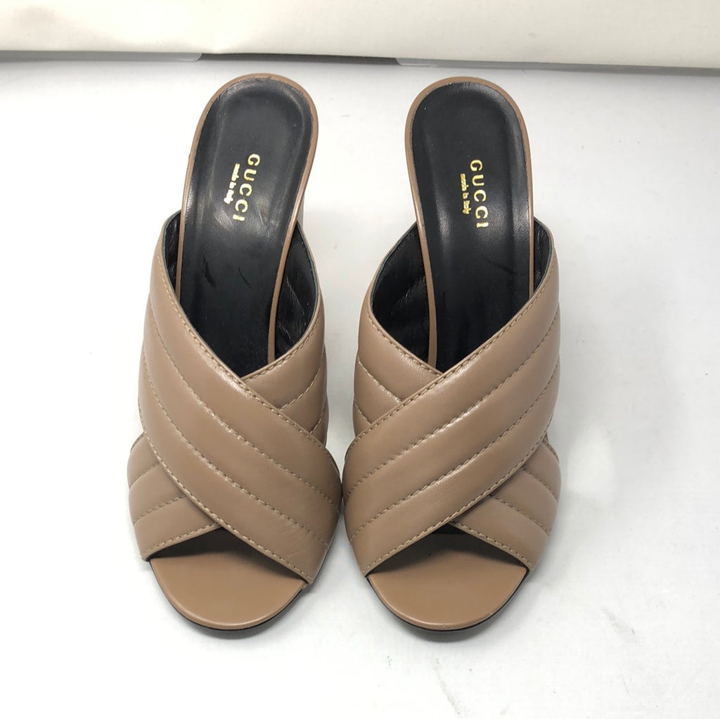 GUCCI tan leather criss-cross peep toe mule