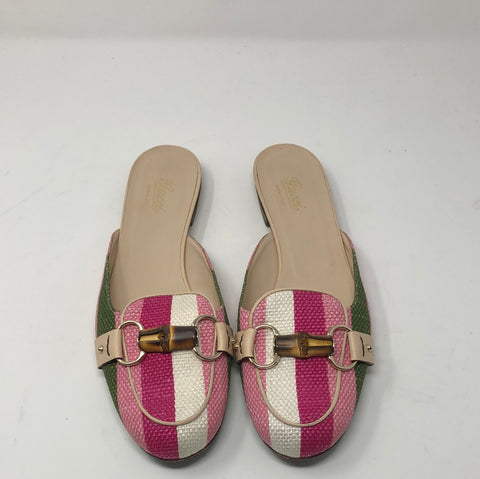 Gucci Pink, White and Green Striped Bamboo Mules