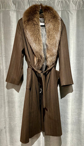 Max Mara Brown Wool Pinstripe Robe Coat with detachable Fur Collar