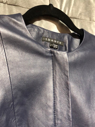 Theory Navy Leather Collarless Flare Zip Blazer