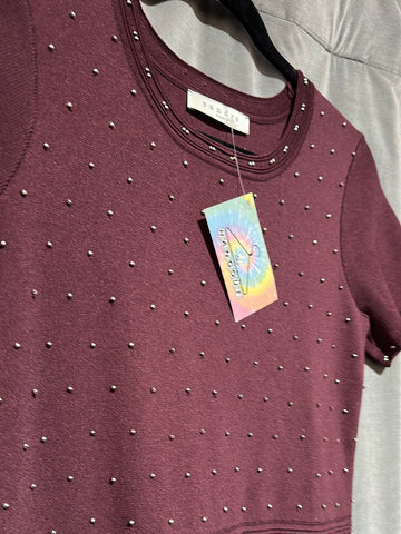 Sandro Burgundy Stretch Knit Short Sleeve Studded A Line Dress The Hangout Sandro Burgundy Stretch Knit Short Sleeve Studded A Line Dress The Hangout
