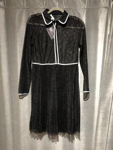 Maje Black Lace Long Sleeve Pleated with light Blue satin trim