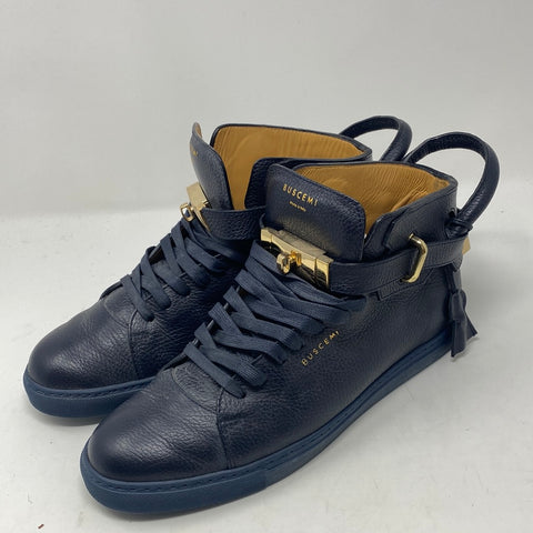 BUSCEMI Navy Leather Sneaker with Gold Lock and key