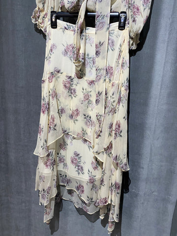 Love Shack Fancy Two Piece Neutral / Rose Print Wrap Top and Ruffle Skirt
