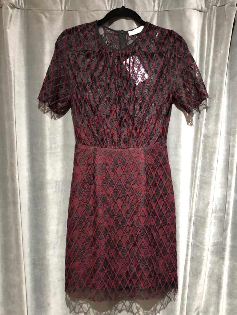 Sandro Black and Maroon Lace Sheer Short Sleeve Straight Dress