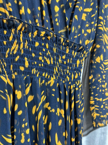 Maje Navy and Mustard 3/4 Sleeve Handkerchief Bottom Dress