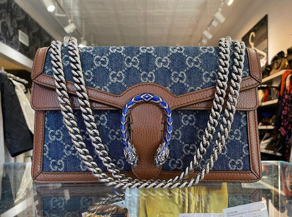 FWRD Renew Gucci GG Denim Dionysus Chain Shoulder Bag in Blue | REVOLVE