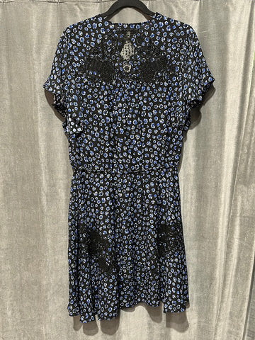 REISS Black and Blue Short Sleeve Floral Flowy Dress with Drawstring