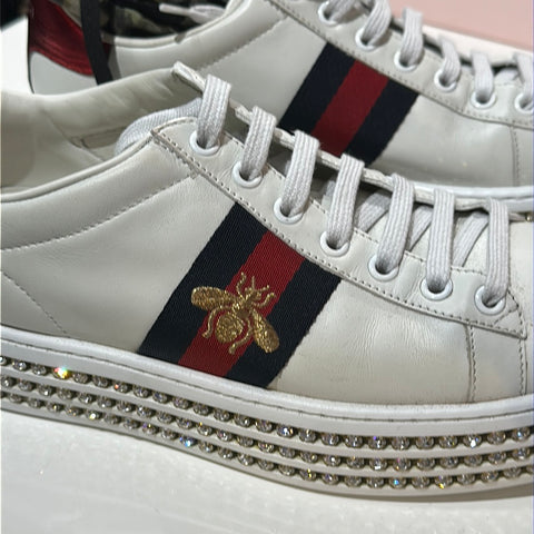 Gucci White Leather Ace Chrystal Embellished Platform Sneaker