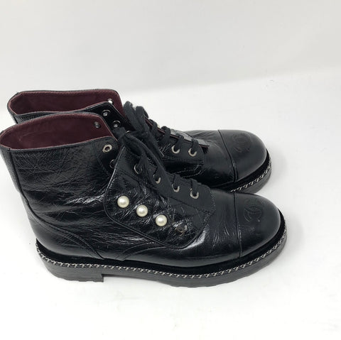 Chanel Black Crackled Calfskin Velvet Pearl Combat Short Boots