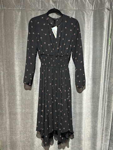 Maje Black and Pink Chiffon like Fabric Long Sleeve Handkerchief Bottom Dress