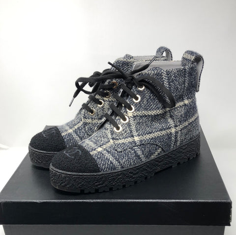 Chanel Tweed Navy Black and Ivory Lace up Booties