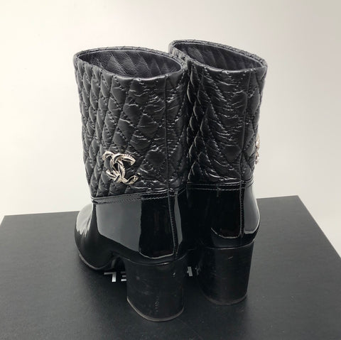 Chanel Black Patent Leather and Quilted Short Boots
