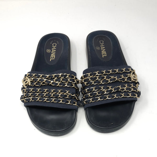 Chanel navy Tropiconic slides with gold chain and cc