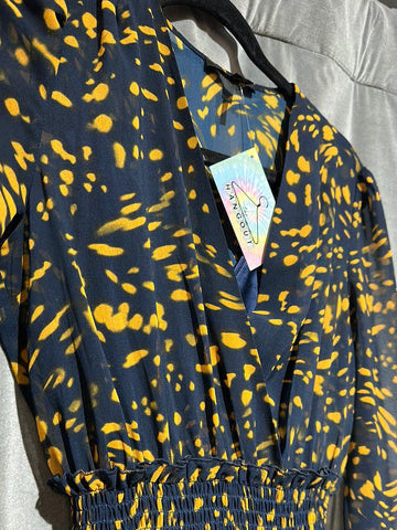 Maje Navy and Mustard 3/4 Sleeve Handkerchief Bottom Dress