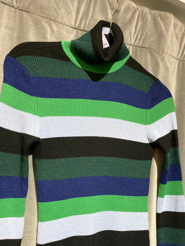 STAUD Ribbed Horizontal Striped Turtleneck Sweater Dress Green, Blue and Black Midi Dress