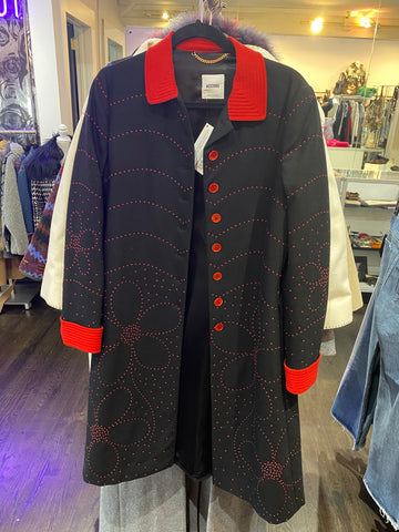 Vintage: Black Wool Button Down Coat With Red Cuffs, Collar and Dots