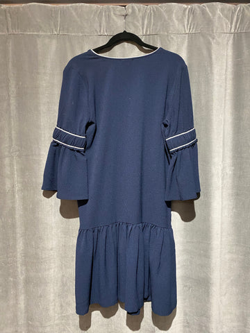 Ganni Navy Clark Bell Sleeve Dress with White Piping