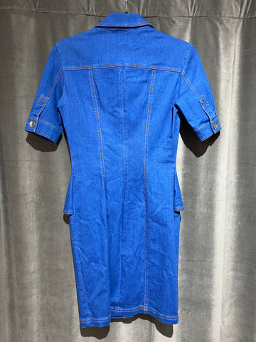 Moschino: Denim Button Down Short Sleeve Peplum Mini Dress