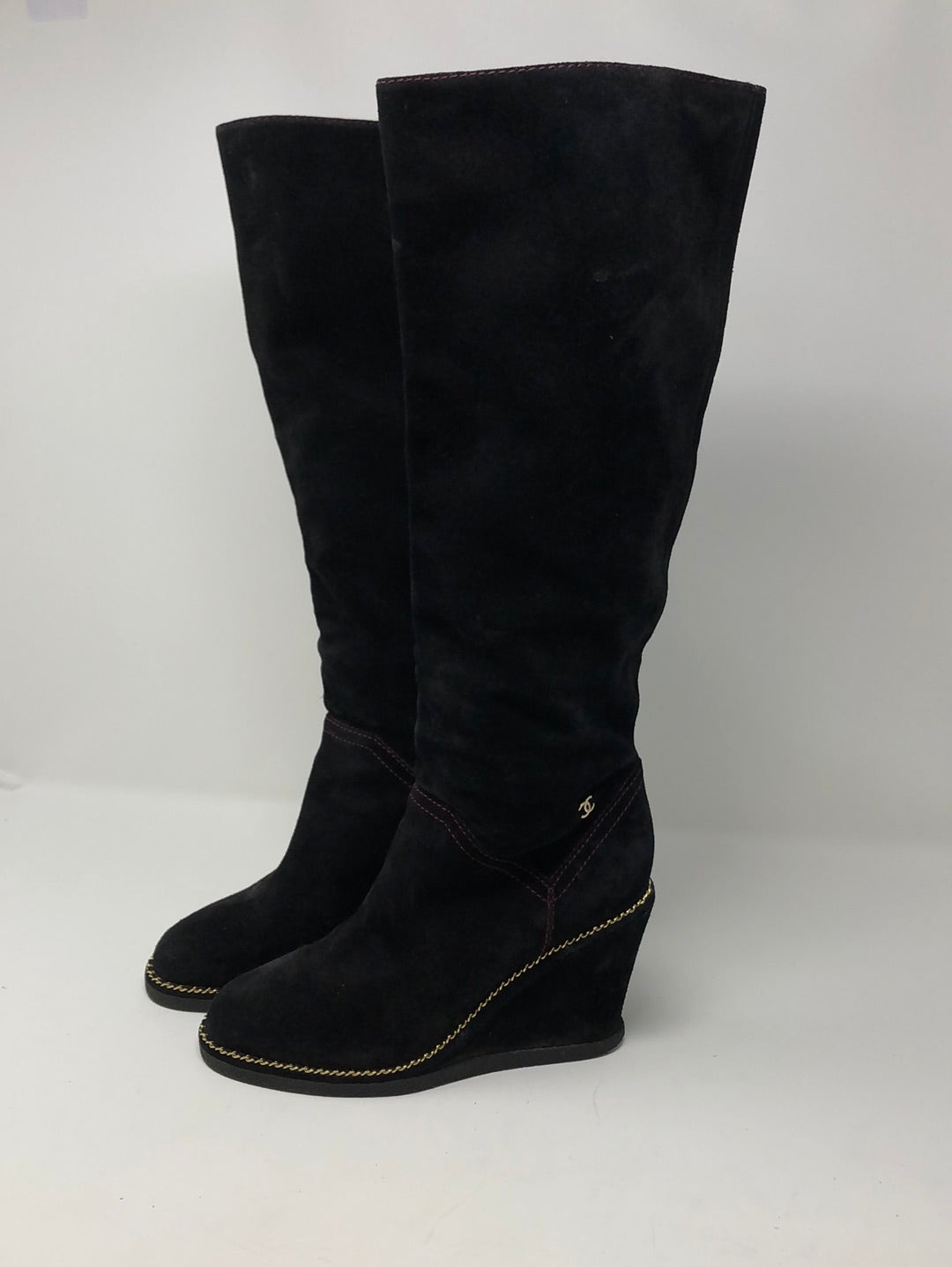 Chanel 2015 Interlocking CC Black Suede Rubber Bottom Wedge Boots