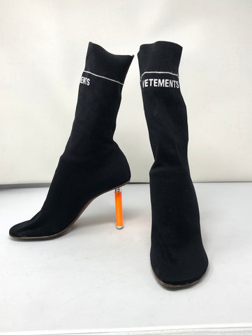VETEMENTS Black Sock Ankle Boots Polumide Black Booties with Neon Orange Lighter Heel