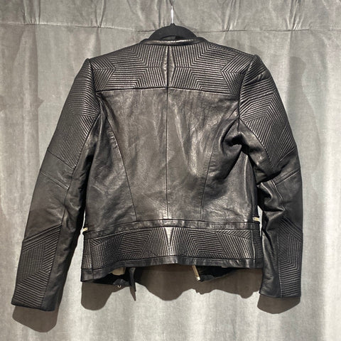 IRO 'EFIA' Black Leather Collarless Jacket with Large Matte Silver Zipper