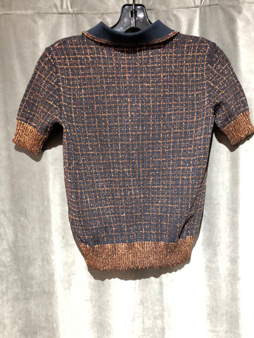 Red Valentino Navy and Bronze Collared Knit Short Sleeve Sweater