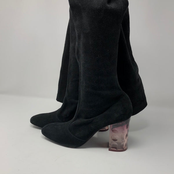 Nicholas Kirkwood Black Suede Knee High Boots with Clear Pink Acrylic Heel